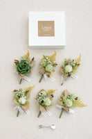 Boutonnieres in Emerald & Tawny Beige