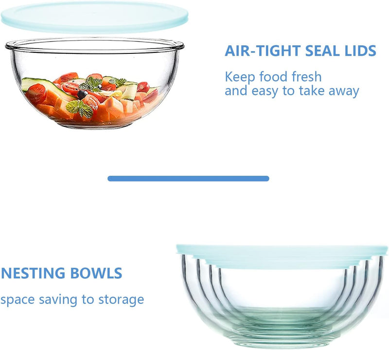 WhiteRhino Glass Mixing Bowls - Set of 3 with Lids 45QT 27QT 11QT - Kitchen Nesting Bowls for Cooking Baking Prepping - Dishwasher Safe - Large Round Salad Bowls