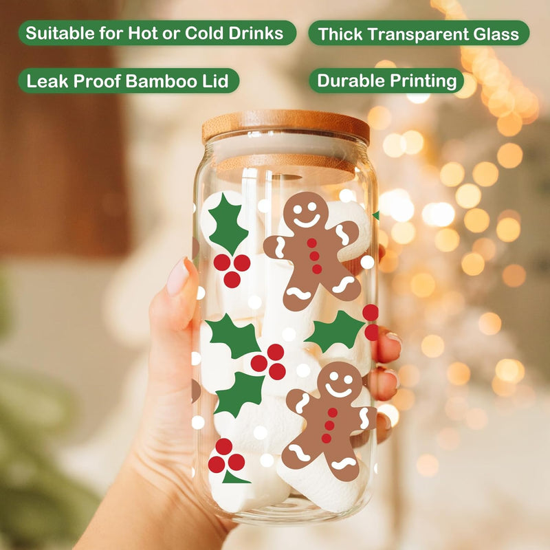 Coolife Holly Gingerbread Man Christmas Decorations, Gifts for Women Men Kids - 16 oz Glass Cup Tumbler w/Straw Lid, Christmassy Preppy Glass Cups w/Lids Straws for Smoothie Iced Coffee Beer