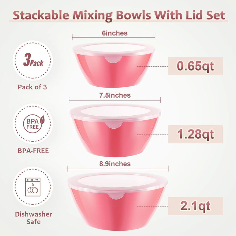 Wehome BPA-Free Mixing Bowls with Lids - Set of 3 Aqua Nesting Bowls for Kitchen Prep Serving and Storage