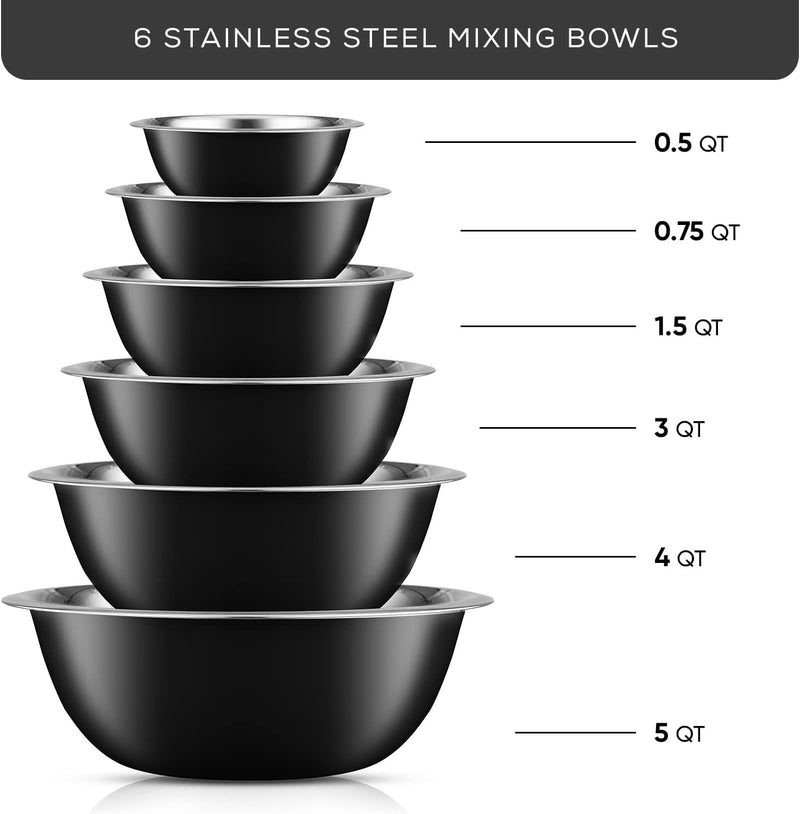 JoyJolt Stainless Steel Mixing Bowl Set of 6 - Large to Small Sizes for Kitchen and Baking Needs