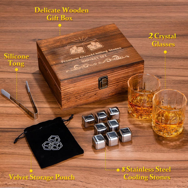 13 in 1 Whiskey Glasses Set Gifts for Men, Whiskey Stones Bourbon Drinking Glass with Wooden Gift Box, Cocktails Scotch Cups Birthday Gift Set for Him