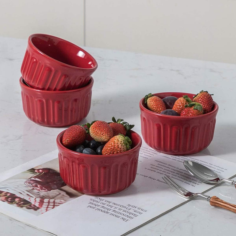 6-Piece Porcelain Ramekin Set - Oven Safe for Baking Creme Brulee Custard Pudding - Red