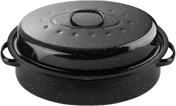 words13 Enamel Roasting Pan with Lid - Black Oval Turkey Roaster