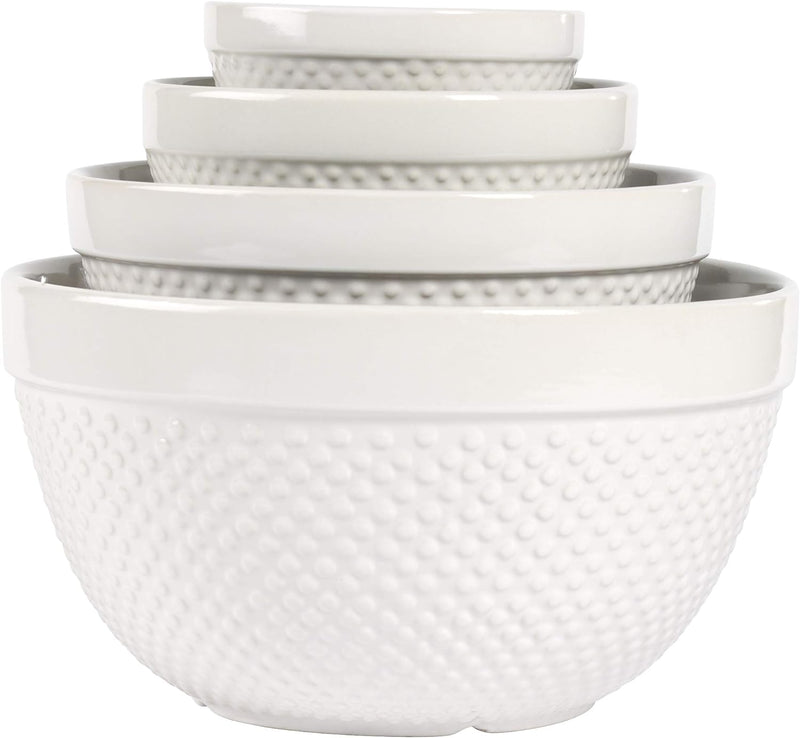 Tabletops Gallery Hobnail Style 4 Piece Classic White Stoneware Nesting Mixing Bowl Set for Baking and Cooking