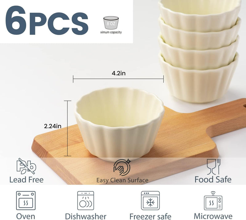 Oven-Safe Ramekins Set - 4 oz Set of 6 - White Porcelain - Perfect for Baking Souffles and Custards