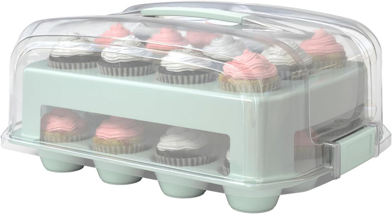 Top Shelf Elements Cupcake Carrier - White 24-Cup Capacity Durable Two Tier Stand with Reusable Box Green