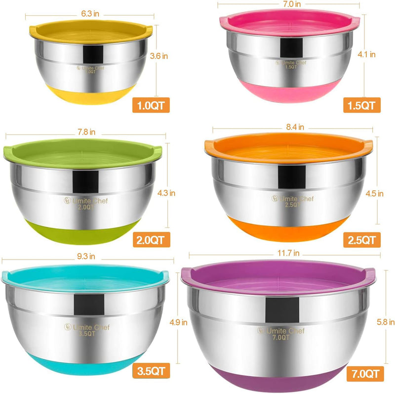 Umite Chef 6-Piece Mixing Bowls with Airtight Lids - Stainless Steel Nesting Storage Set Khaki