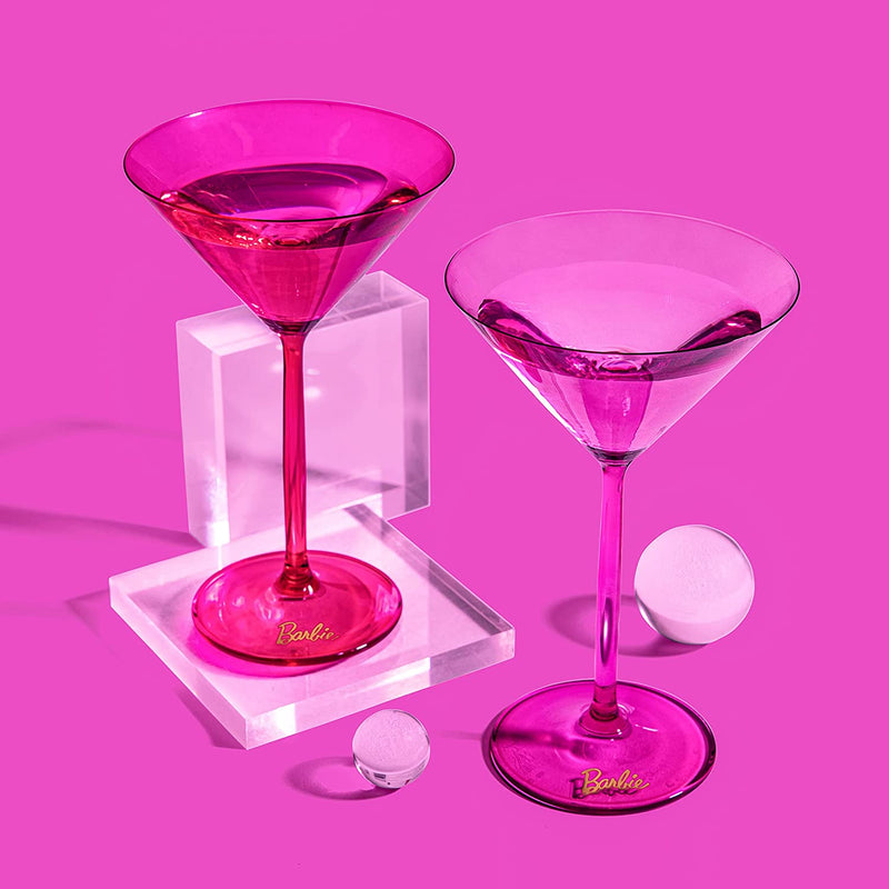 Dragon Glassware x Barbie Martini Glasses, Pink and Magenta Crystal Glass, As Seen in Barbie The Movie, Large Cosmopolitan and Cocktail Barware, 8 oz Capacity, Set of 2