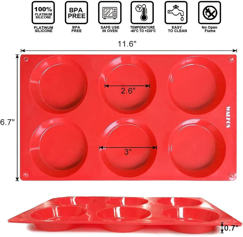 Walfos Silicone Muffin Pan - 6 Cup Non-Stick Baking Cups 2 Pack