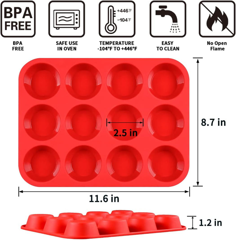 Silicone Muffin Pan - 12 Cup Nonstick Baking Tray for Muffins Cakes and Fat Bombs - Energywave 2-Pack