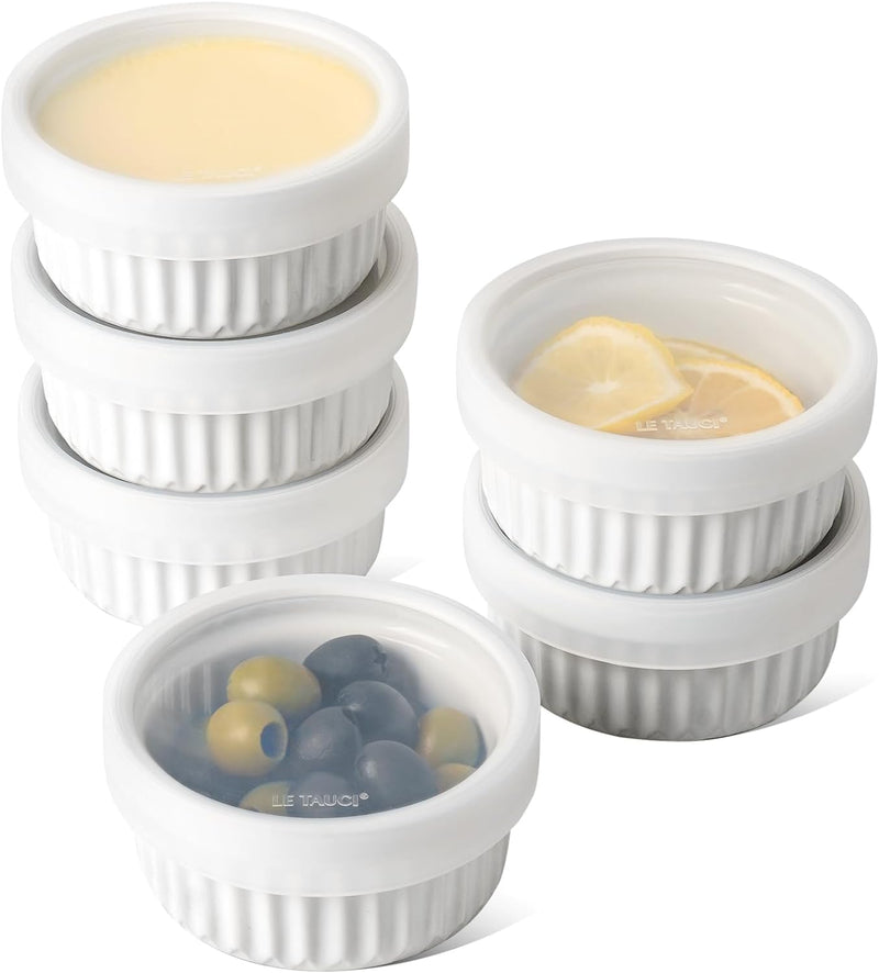 LE TAUCI 2nd Gen Ramekins with Lids - 8 oz Oven Safe Ceramic Bowls for Baking Set of 4