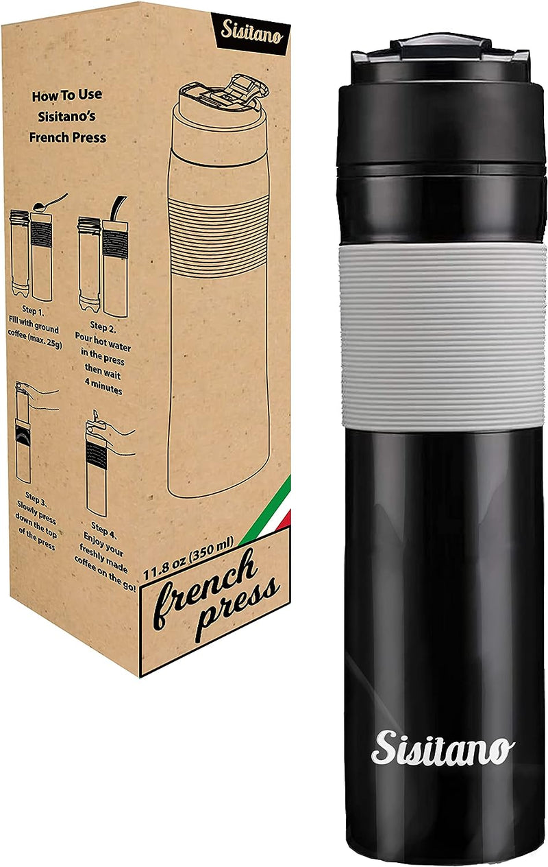 Sisitano 2in1 Travel French Press Coffee Maker, Portable 11.8 oz Tumbler Coffee French Press for Ground Coffee & Tea Leaves; Iced Coffee, Cold Brew Tea, Coffee Mug for Trips, Camping, Work & School