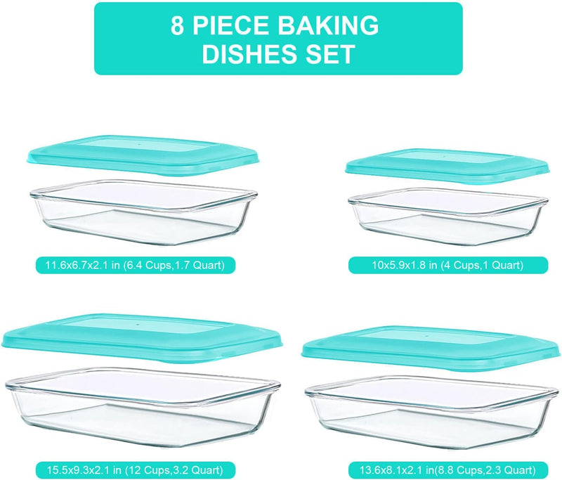 8-Piece Glass Baking Dish Set with Lids for Lasagna Leftovers and More - BPA Free and Fridge-to-Oven Safe