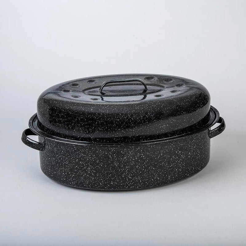 19 Granite Ware Roaster with Lid - Enamelware Speckled Black Dishwasher Safe
