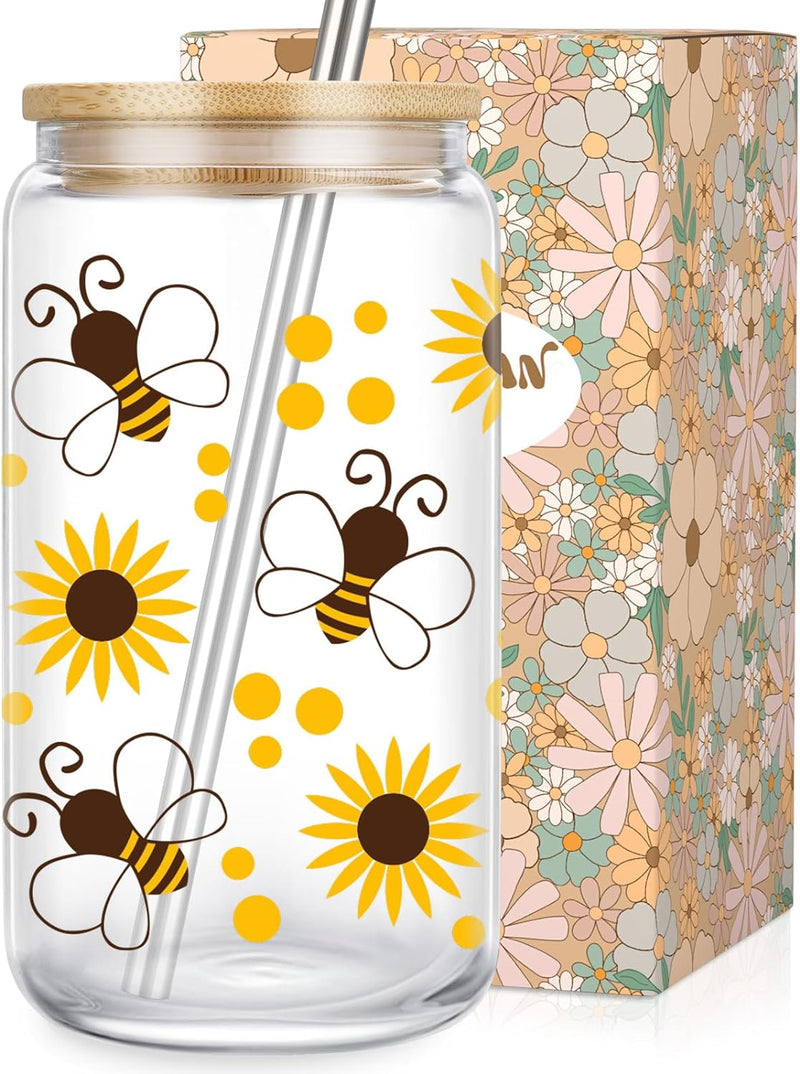 LEADO Bee Gifts, Bee Themed Gifts, Sunflower Gifts for Women - Iced Coffee Cup, Cute Glass Cup with Lid & Straw - Honey Bee Gifts, Aesthetic Gifts, Christmas, Birthday Gifts for Bee Lovers