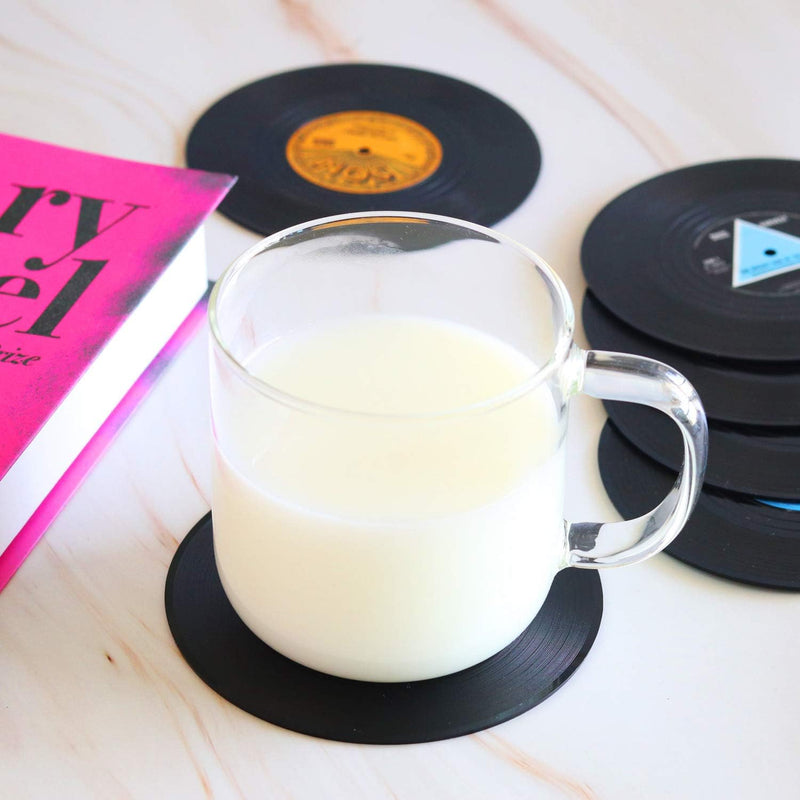 Retro Record Coasters with Vinyl Player Holder - Set of 6 Funny Sayings Drink Coasters for Music Lovers