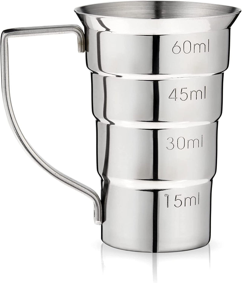 Viski Stepped Jigger with Handle, 4 Markings, Measuring Cup for Cocktail Recipes, 0.5 oz, 1 oz, 1.5 oz, & 2 oz, Stainless Steel, Set of 1, Silver