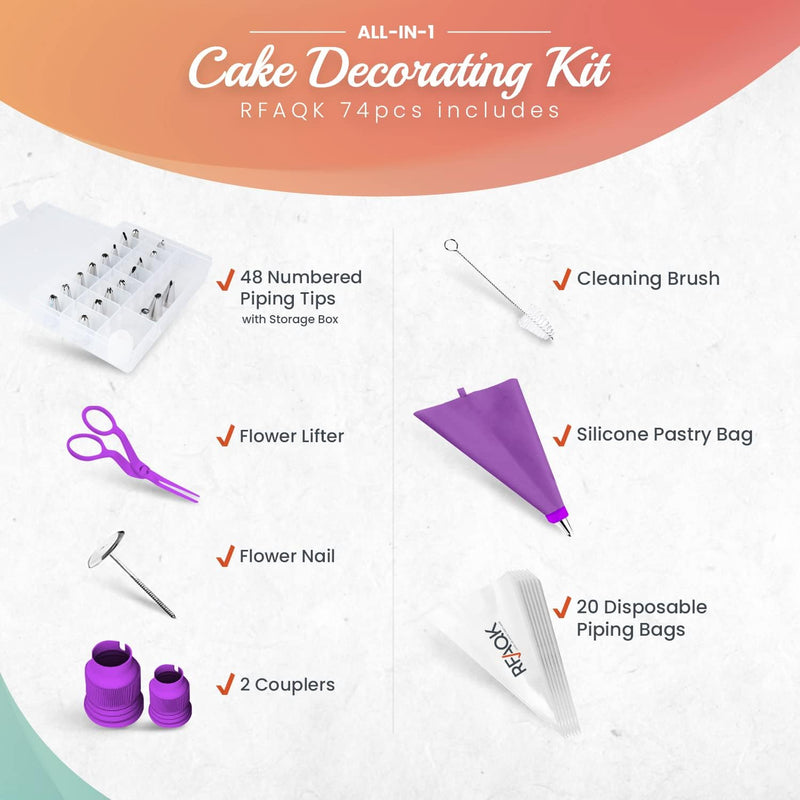 74-Pc Cake Decorating Kit with 48 Numbered Tips 201 Piping Bags Booklet E-book