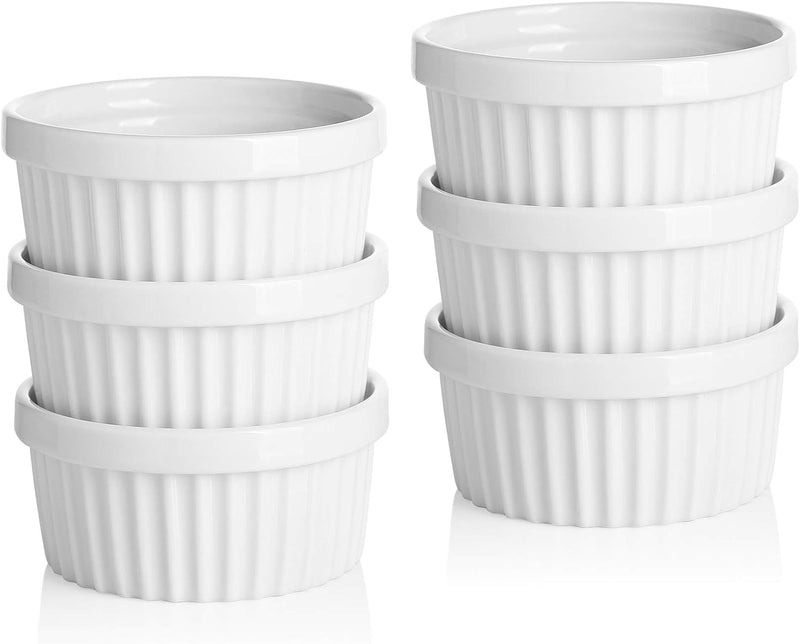 Sweese 8 oz Porcelain Ramekins Set of 6 - Creme Brulee Souffle Custard Cups for Baking Oven Safe - White