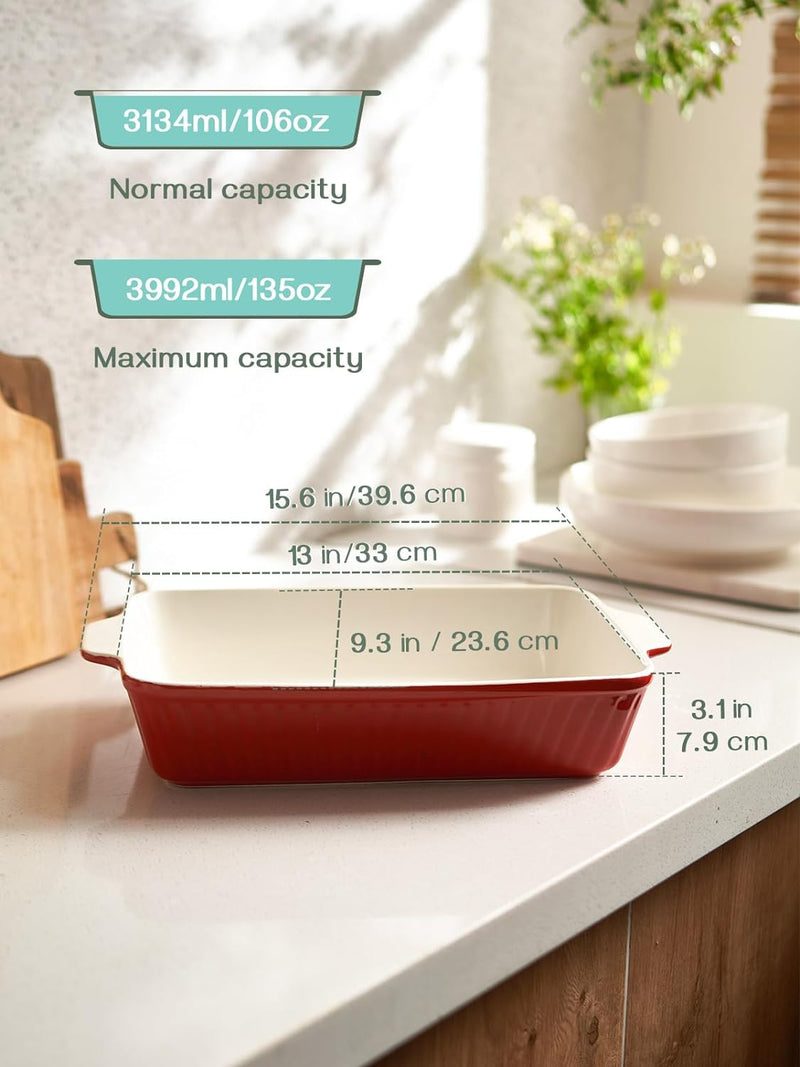 DOWAN 9x13 Ceramic Casserole Dish - 135 oz Deep Baking Pan with Handles Oven Safe White