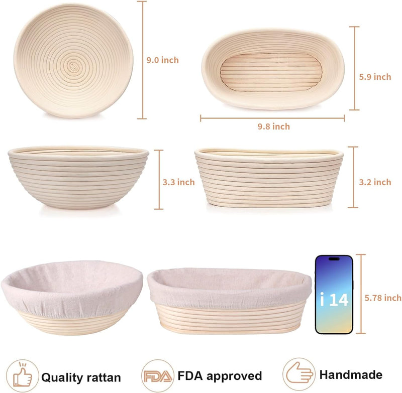 Banneton Bread Proofing Basket Set - Sourdough Baking Supplies