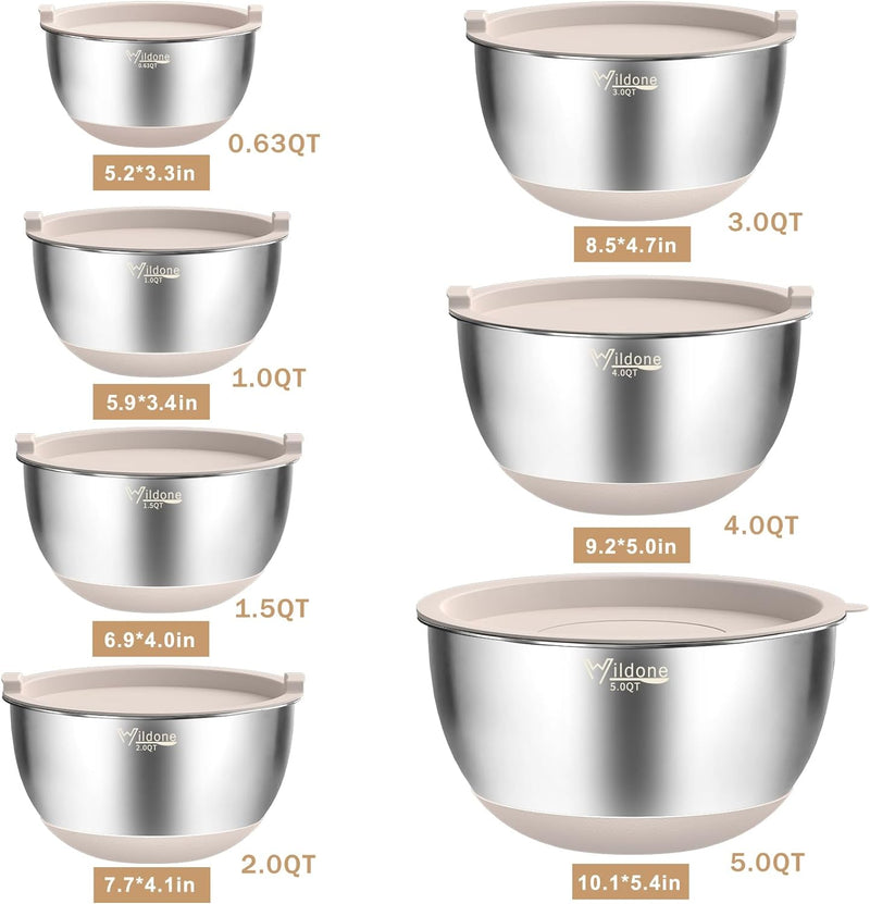 27-Piece Stainless Steel Mixing Bowls Set with Airtight Lids and Grater Attachments - Non-Slip Bottom Ideal for Mixing and Prepping Sizes 063QT-5