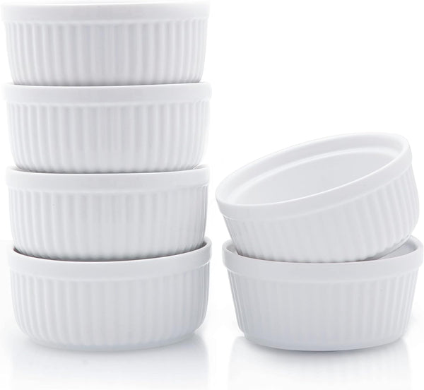 8 oz Ceramic Ramekins Set of 6 - Ivory White - Microwave  Dishwasher Safe