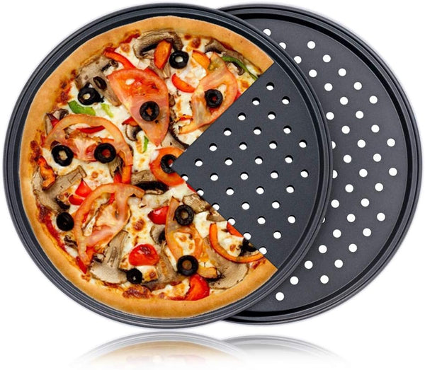 Destinymd 2-Pack Pizza Pan with Holes - Carbon Steel Non-Stick Tray for Crispy 12 Pizzas - Dark Gray