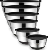 Umite Chef Mixing Bowls with Airtight Lids，6 piece Stainless Steel Metal Nesting Storage Bowls, Non-Slip Bottoms Size 7, 3.5, 2.5, 2.0,1.5, 1QT, Great for Mixing & Serving (Khaki)