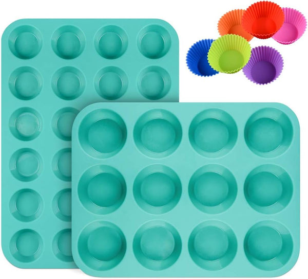 Silicone Muffin Pan Cupcake Set - 24 Mini Cups and 12 Regular Cups Nonstick BPA-Free with 12 Silicone Baking Cups