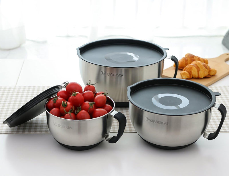 Rorence Stainless Steel Mixing Bowls with Pour Spout Handle and Lid - Set of 3 Black