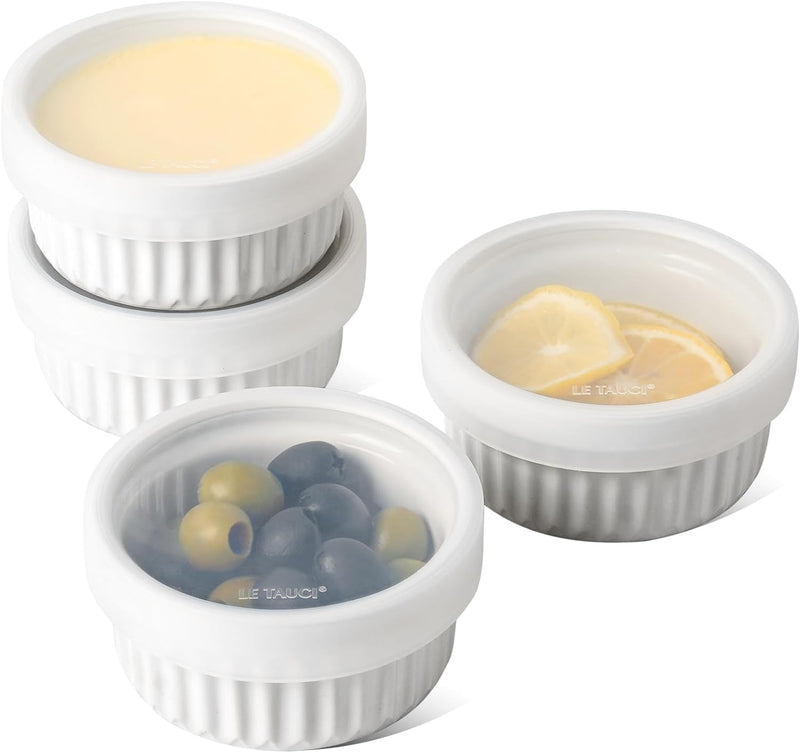 LE TAUCI 2nd Gen Ramekins with Lids - 8 oz Oven Safe Ceramic Bowls for Baking Set of 4