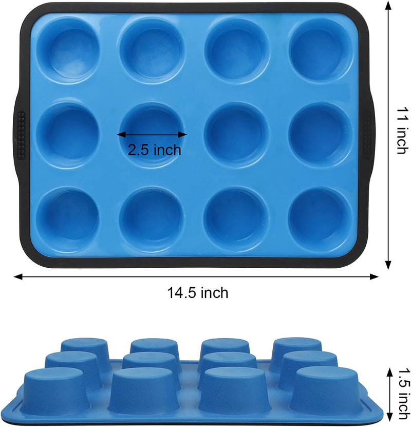 Non-Stick Silicone Muffin Pan with Stainless Steel Frame - 12 Cup Baking Mold BPA Free Blue