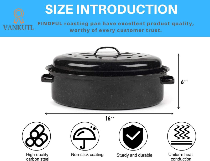 16 Enamel Oval Roasting Pan with Lid - Turkey Roaster Non-Stick Gift Option