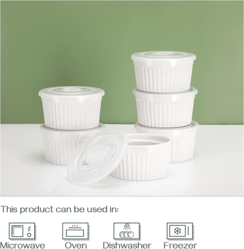 Set of 6 DOWAN Porcelain Ramekins with Lids - 8 oz Stackable and Oven Safe for Baking and Serving