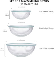 Luvan Glass Mixing Bowl with Lids Set(4.5QT,2.7QT,1.1QT), 3PC Large Glass Mixing Bowls Set, Glass Nesting Bowls, Clear Salad Mixing Bowl for Kitchen, Storage, Cooking, Baking, Prepping,Dishwasher Safe