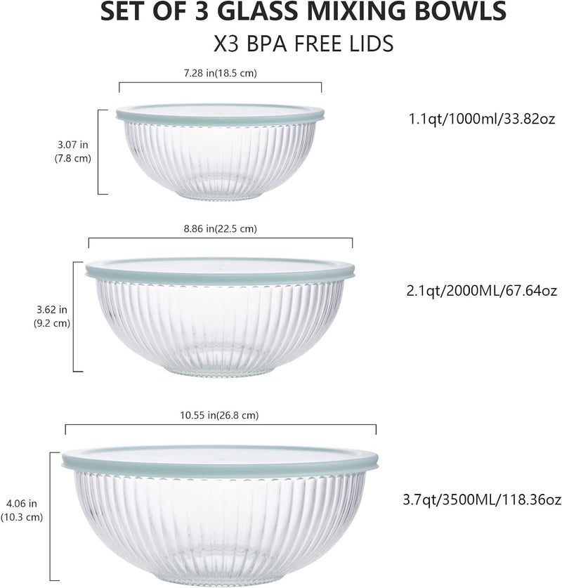 3PC Glass Mixing Bowl Set with Lids - Clear Dishwasher Safe for Kitchen Cooking and Baking
