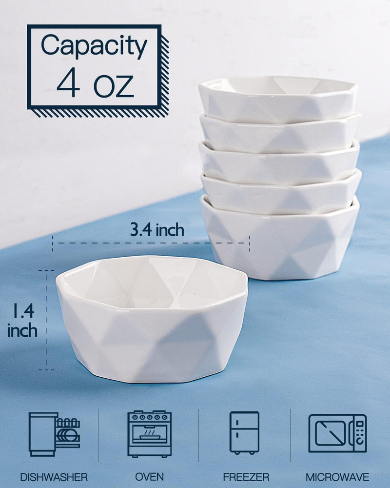 Porcelain Ramekins Set of 6 - White Geometric Bowls for Baking and Serving 8 oz Capacity