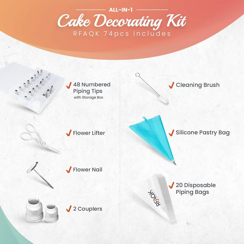 74-Pc Cake Decorating Kit with 48 Numbered Tips 201 Piping Bags Booklet E-book