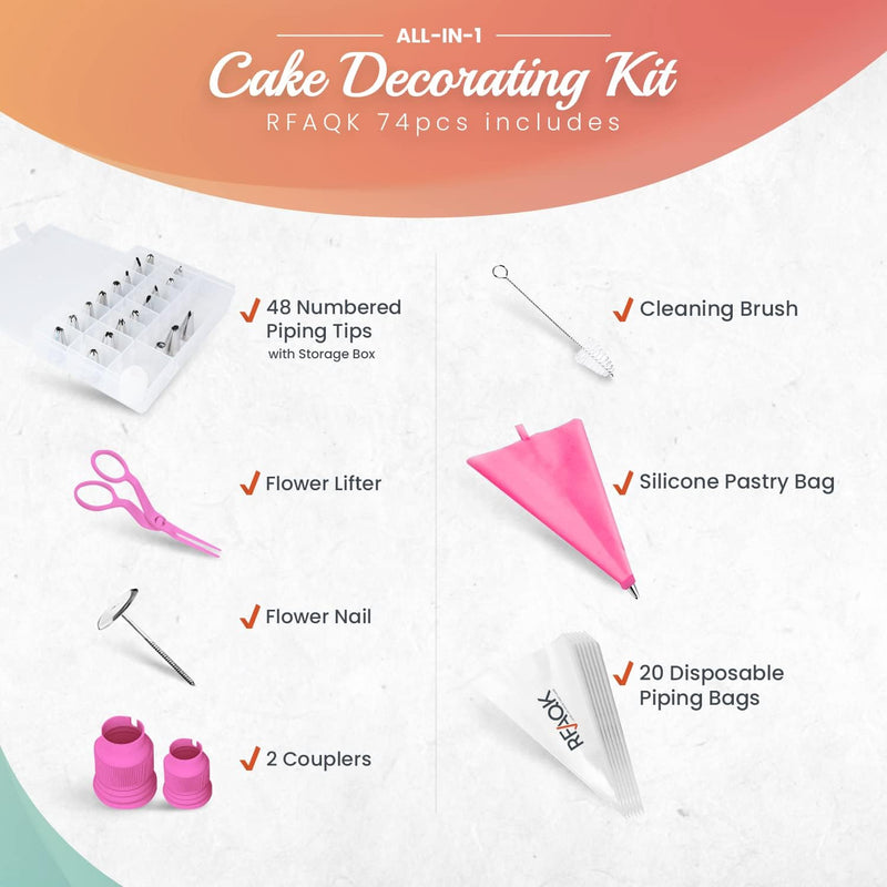 74-Pc Cake Decorating Kit with 48 Numbered Tips 201 Piping Bags Booklet E-book