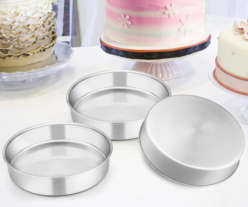 8-Inch Stainless Steel Round Cake Pan Set of 3 - Non-Toxic Mirror Finish Dishwasher Safe