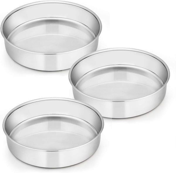 8-Inch Stainless Steel Round Cake Pan Set of 3 - Non-Toxic Mirror Finish Dishwasher Safe