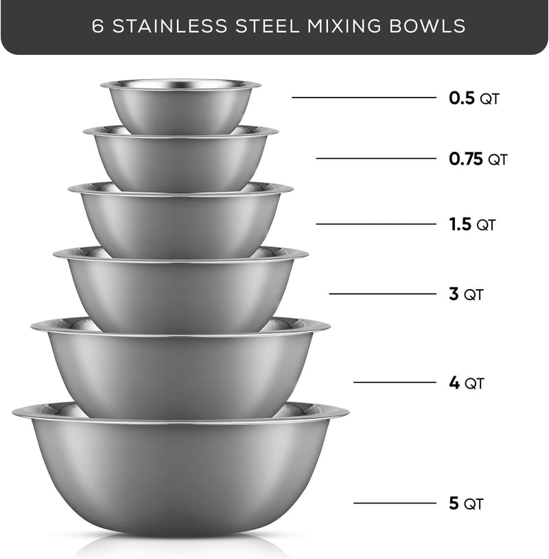 JoyJolt Stainless Steel Mixing Bowl Set of 6 - Large to Small Sizes for Kitchen and Baking Needs