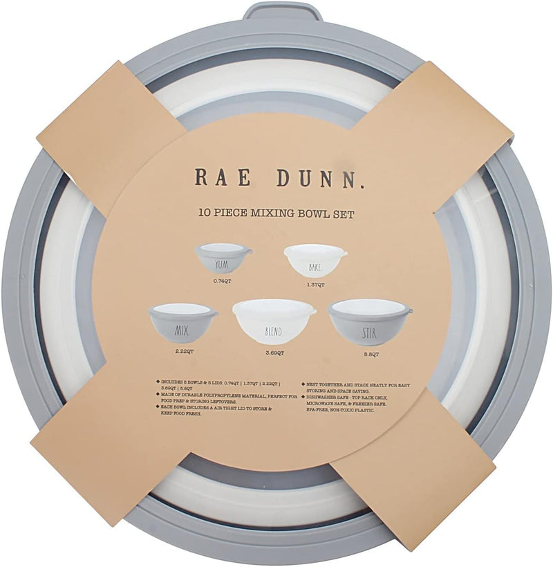 Rae Dunn Mixing Bowls with Lids - 10 Piece Plastic Nesting Set Black