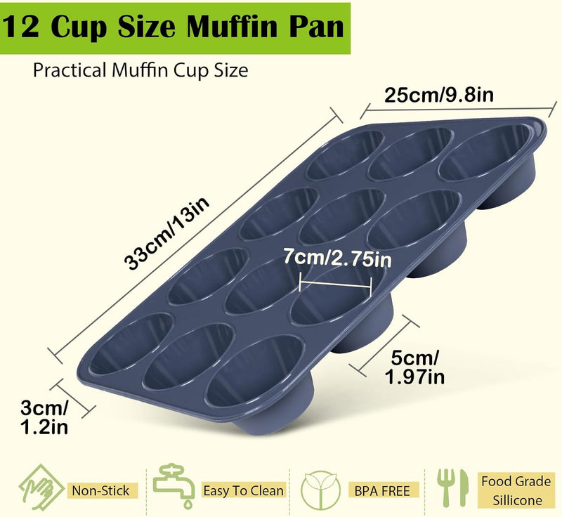 Vnray Silicone Muffin Baking Pan 2-Pack - Nonstick 12 Cup Cake Molds Grey BPA Free