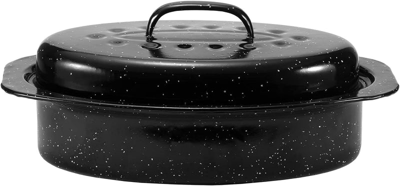 JY COOKMENT 19 Enameled Granite Roaster Pan with Domed Lid - Oval Turkey Roaster Pot Great for Turkey Chicken Lamb Vegetable - Dishwasher Safe 20Lb Capacity