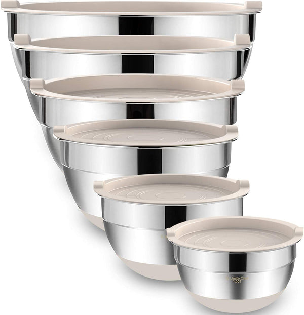 Umite Chef 6-Piece Mixing Bowls with Airtight Lids - Stainless Steel Nesting Storage Set Khaki
