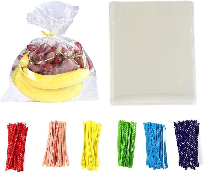 100-Pack Clear Cellophane Treat Bags with Metallic Twist Ties - 10x6 inches 14mil - Bakery Cookies Candies Dessert