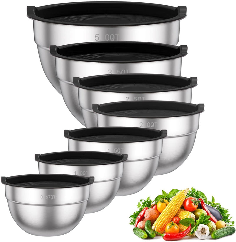 TAEVEKE 7PCS Mixing Bowls with Lids Set, Stainless Steel Nesting Mixing Bowl Set for Baking, Mixing, Serving & Prepping, Set of 7-5, 3.5, 2.5, 2, 1.5, 1, 0.67QT (Black)